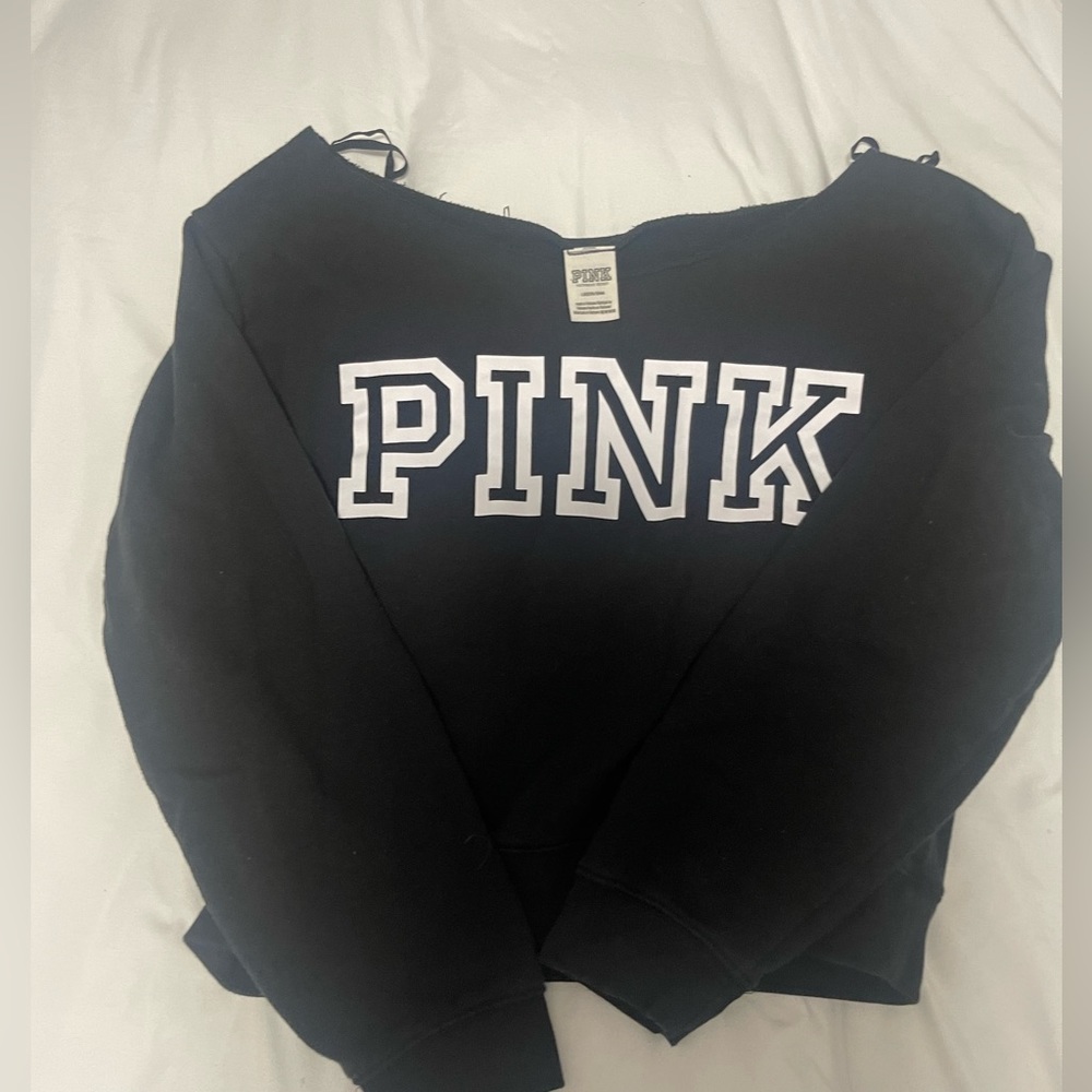 PINK, black scoop neck off the shoulder sweatshirt